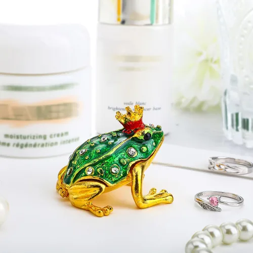 Miniatura 5 de YU FENG Caja de baratijas de rana con corona de cristal, con bisagras, figura de rana coleccionable, soporte de anillo decorativo pintado a mano