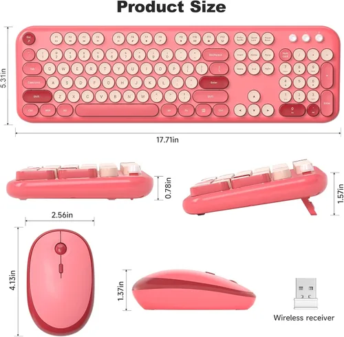 Miniatura 148 de KNOWSQT Combo de teclado y ratón inalámbrico, teclados lindos de tamaño completo estilo máquina de escribir 2.4G azul colorido - receptor USB Plug