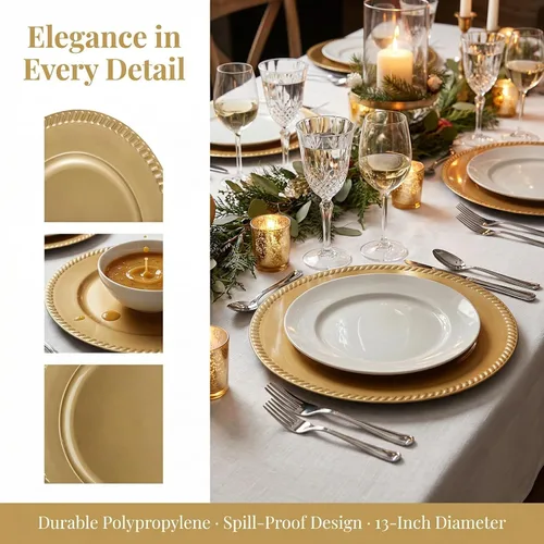 Miniatura 3 de Paquete de 12 platos de carga dorados de plástico, platos de carga redondos reutilizables de 13 pulgadas, cargadores decorativos para cena, platos