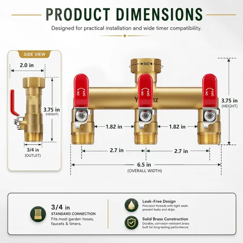 Miniatura 8 de Divisor de manguera de jardín de 3 vías, divisor de espiga de latón para exteriores, 3/4 pulgadas GHT 0.47" Full Flow Ball Valve, Shut-off Valves