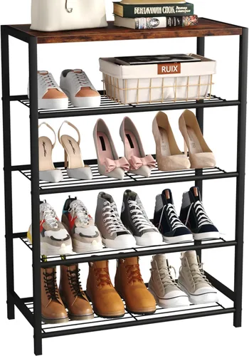 Miniatura 11 de Yusong Organizador de zapatos, estante industrial de almacenamiento de zapatos de 3 niveles para entrada de armario, estantes estrechos y Marrón