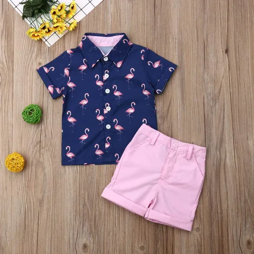 Miniatura 2 de Conjunto de camisa de manga corta con botones y pantalones cortos casuales con diseño de flamingo, para bebés y niños de 1 a 6 años, atuendos