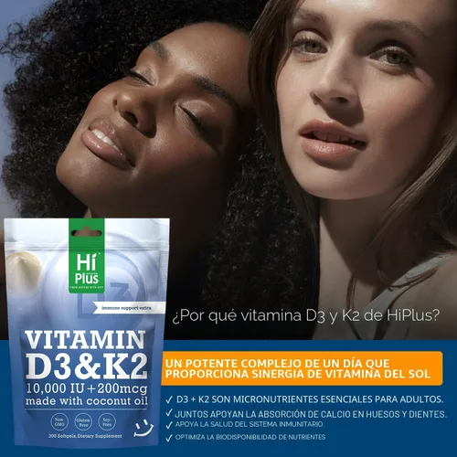 Miniatura 4 de Vitamina D3 10,000 UI + K2 200 mcg, 300 cápsulas blandas Aceite de coco Apoyo 2 en 1 para huesos, inmunes y cardíacos Fácil de tragar, sin OMG