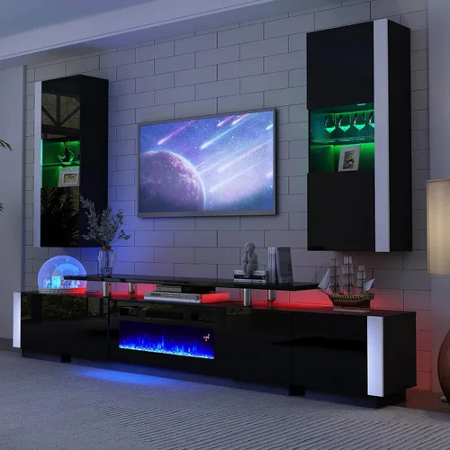Miniatura 6 de AMERLIFE Armarios de almacenamiento de pared con luces LED, armarios colgantes modernos de alto brillo con 4 puertas cerradas y estantes de vidrio