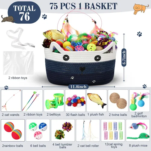 Miniatura 2 de Zopeal Juego de 76 cestas de almacenamiento para gatos, juguetes interactivos para gatos, varita para gatitos, bolas parpadeantes coloridas, bolas