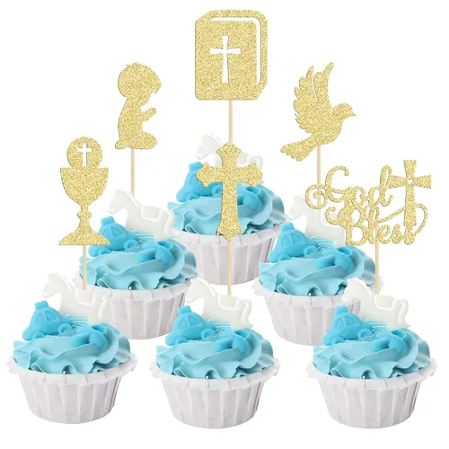 Miniatura 11 de Gyufise 24 piezas de decoración de cupcakes con purpurina azul que Dios bendiga y cruz, decoración de pastel para baby shower, bautismo, fiesta