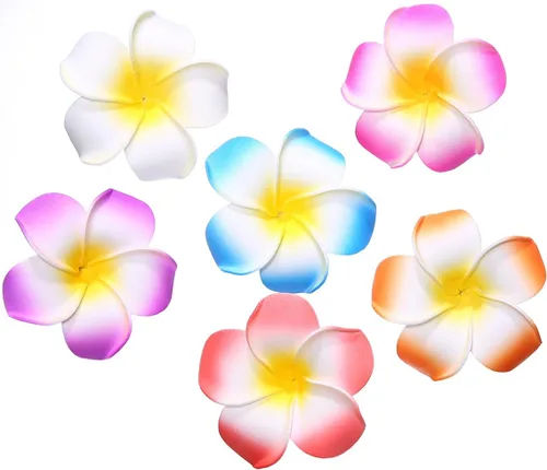 Snadulor - 100 flores de plumeria, flores de espuma hawaiana Frangipani, accesorio para el cabello para bodas, playa, fiestas, vacaciones (color