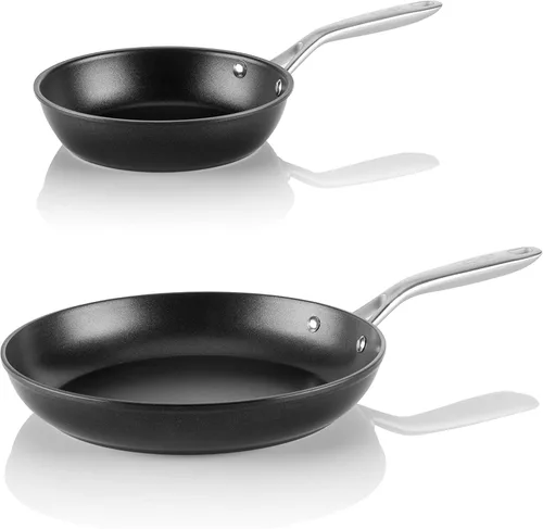 TECHEF - Onyx Collection - Juego de sartenes antiadherentes, sin PFOA, aptas para horno, mango de acero inoxidable que se mantiene fresco, listo