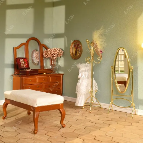 Miniatura 2 de iLAND Muebles y accesorios para casa de muñecas a escala 1:12, perchero en miniatura y espejo completo (color dorado)