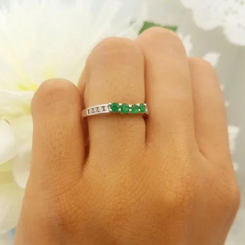 Miniatura 4 de Anillo redondo de oro de 14 quilates con esmeralda y diamantes para mujer, anillo de boda, Oro, Esmeralda