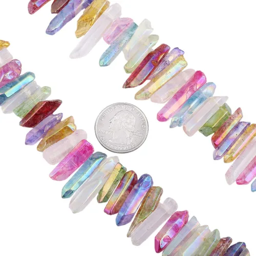 Miniatura 8 de Nupuyai Puntos de cristal de cuarzo de roca natural para hacer joyas, cuentas de piedra graduada perforadas con revestimiento de titanio, cuentas