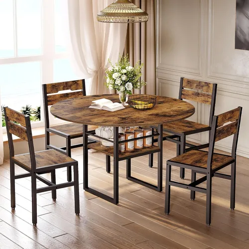 Miniatura 3 de RALGEND Juego de mesa de comedor redonda para 4, mesa de cocina y sillas de 5 piezas con estante de almacenamiento, juego de mesa circular con mesa