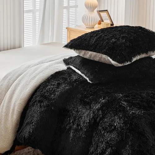 Miniatura 6 de UOZZI BEDDING - Juego de edredón de pelo sintético negro, tamaño Queen, 3 piezas, 1 edredón afelpado negro de 90x90 y 2 fundas de almohada, ultra