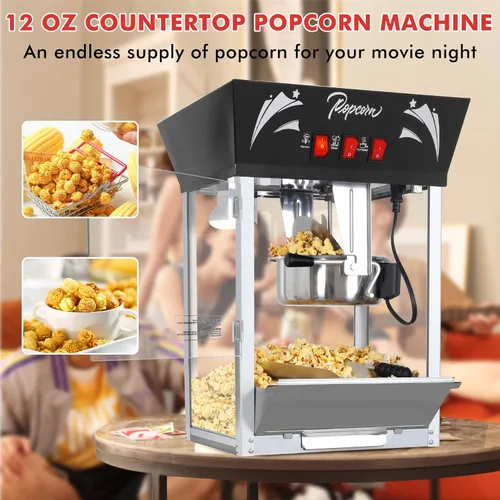 Miniatura 6 de Máquina de hacer palomitas, hervidor de 12 onzas de acero inoxidable, máquina comercial de palomitas con vidrio templado, bandeja de calentamiento
