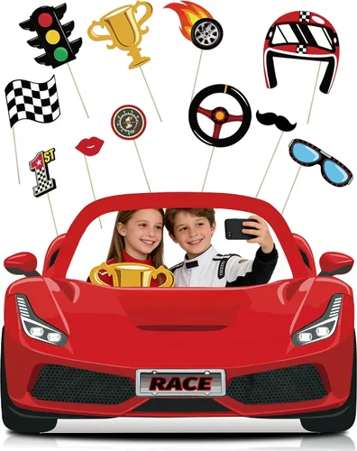 Juego de accesorios para cabina de fotos de autos de carreras, soporte de cartulina roja para fiesta de cumpleaños, baby shower, suministros de