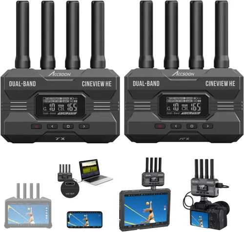 Accsoon CineView HE - Transmisor y receptor de video inalámbrico, 2.4+5 GHz, salida UVC para transmisión en vivo 1080p60 0.06s latencia de 1200 pies