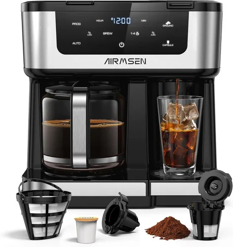 AIRMSEN Cafetera Dual Programable de 12 Tazas – Máquina de una sola porción para Cápsulas K-Cup y Café Molido, 1000W de Preparación Rápida, Inicio