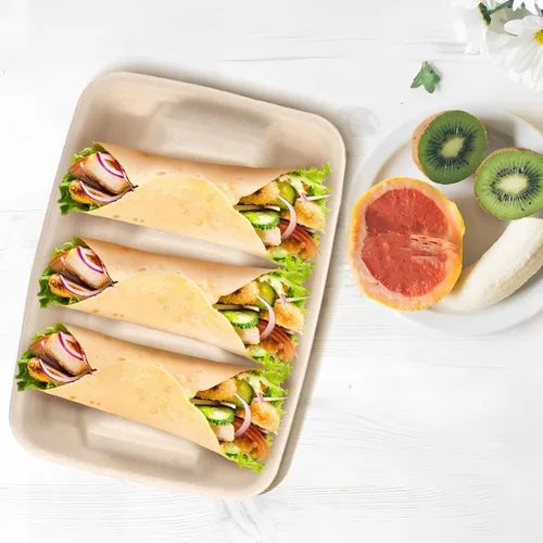 Miniatura 5 de Cabilock 50 platos desechables para tacos con divisores de 8.85 x 6.41 x 1.69 pulgadas, resistentes soportes para tacos para fiestas, bandeja