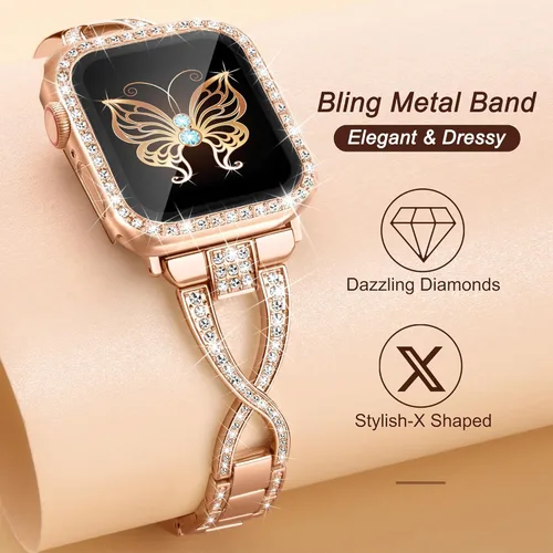 Miniatura 4 de Wipalor Compatible con Apple Watch Band de 1.57 pulgadas + funda, ligera para mujer, pulsera fácil de ajustable, diamante brillante en ambos lados