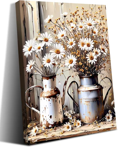 Lienzo enmarcado de margaritas florales rústicas de granja, cuadros vintage de flores de campo, decoración de pared, pósteres de grano de madera