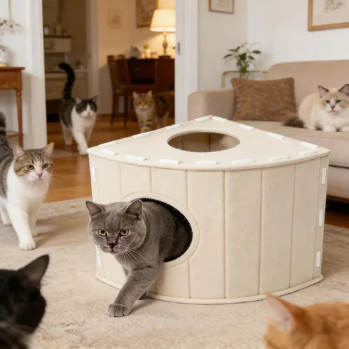 Miniatura 4 de Casa de fieltro para gatos gris, diseño de esquina cerrada en forma de abanico para esquinas de pared y rincones de sofá, con almohadilla