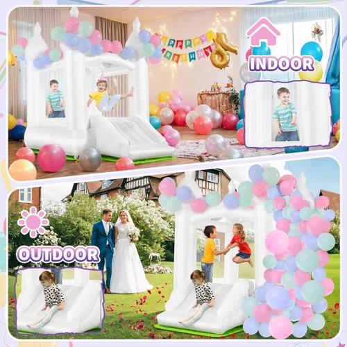 Miniatura 6 de Casa inflable de celebración blanca para niños con soplador UL, portátil, castillo hinchable 3 en 1 de color blanco de ensueño para interiores