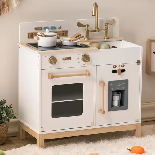 Miniatura 8 de ROBOTIME Juego de cocina para niños pequeños, juego de cocina de madera para niños con luces reales y sonidos/dispensador de cubitos de hielo, Blanco