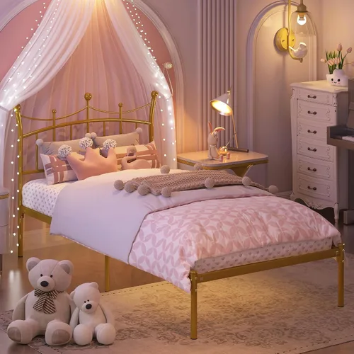 Miniatura 5 de Merronix Marcos de cama individuales para niños, cama de tamaño individual con cabecero en forma de corona, fácil montaje, no necesita somier
