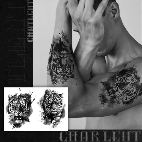 Miniatura 5 de CHARLENT 18 tatuajes temporales realistas de oso tigre, león, lobo para hombres y adultos, calcomanías de tatuajes de animales falsos negros