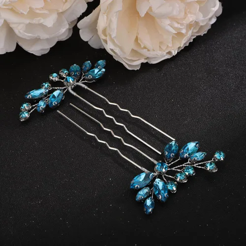 Miniatura 3 de Teyglen Juego de 3 horquillas para el cabello con diamantes de imitación, hechas a mano con cristales para novias, mujeres, niñas (azul lago)