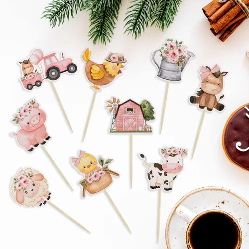 Miniatura 3 de Gyufise 36 adornos para cupcakes de animales de granja rosas con diseño floral rosa para niñas, diseño de animales de granja, para cumpleaños