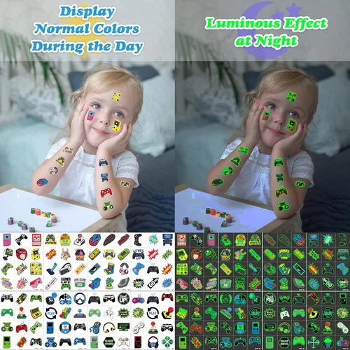 Miniatura 7 de 96 piezas de tatuajes de videojuegos que brillan en la oscuridad para niños, calcomanías de tatuajes falsos temporales luminosos para niños, Luminous