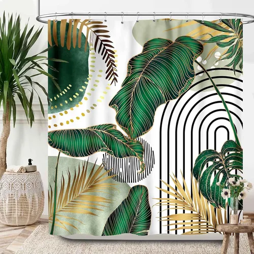 Cortina de ducha de hojas bohemias, diseño abstracto de mediados de siglo, verde y dorado, plantas tropicales, minimalista, moderna, geométrica,