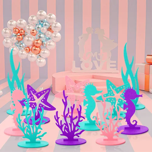 Miniatura 3 de Prasacco 22 piezas de decoraciones de cumpleaños de sirena, centro de mesa de fieltro, decoración de fiesta bajo el mar, caballito de mar, algas