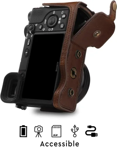 Miniatura 4 de MegaGear MG1652 Ever Ready Funda de cuero para cámara Compatible con Sony Alpha A6100, A6400 (16-50mm) - Marrón