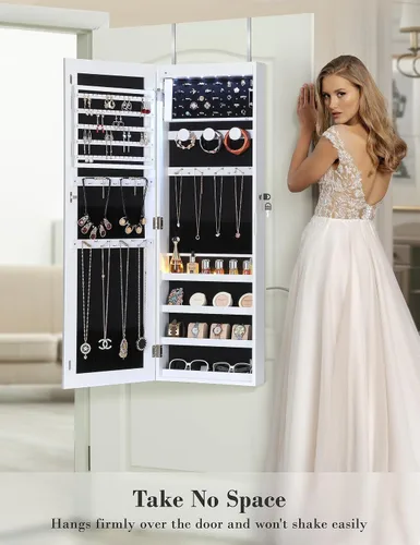 Miniatura 7 de Nicetree Armario de joyería con espejo de 6 LED, organizador de joyas con cerradura de gran capacidad, espejo montado en puerta o pared