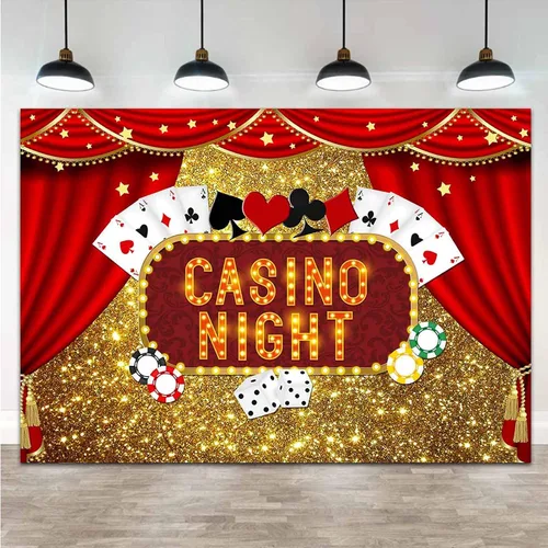 Miniatura 3 de Telones de fondo de fotografía Bokeh con purpurina dorada de Las Vegas, 5 x 3 pies, vinilo de casino, dados de póquer nocturno, cortinas rojas