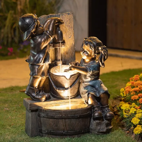 Miniatura 18 de Glitzhome Fuente de agua para exteriores con luz LED y bomba, moderna fuente de poliresina de 5 niveles y esfera para exteriores, fuente de cascada