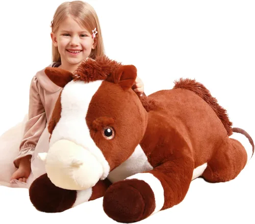 IKASA Juguete de peluche de caballo gigante, juguetes suaves grandes y grandes, 33.5 pulgadas, tamaño enorme, lindo peluche mullido de gran tamaño,