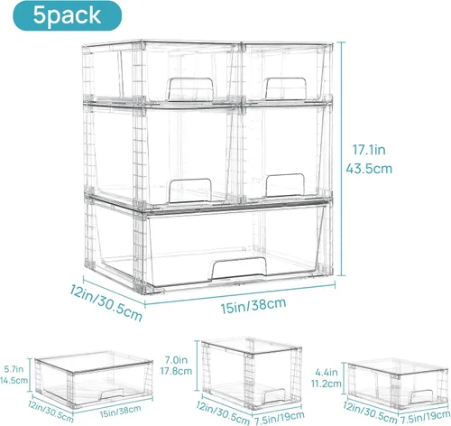 Miniatura 3 de Vtopmart Juego de 5 cajones de almacenamiento apilables transparentes, fáciles de montar, organizadores de acrílico para debajo del fregadero