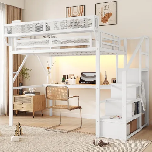 Miniatura 23 de KEIKI Estructura de Cama Loft de Metal Tamaño Twin con Escalera Convertible, Estantes de Almacenamiento Integrados y Armario, Cama Loft con Listones
