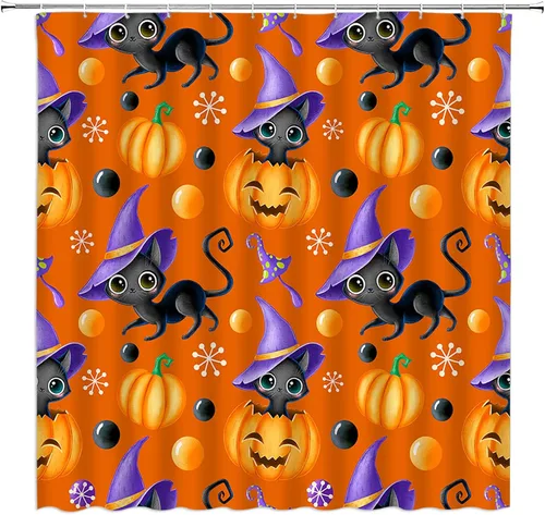 Miniatura 10 de Cortina de ducha de Halloween, castillo aterrador, calabaza, camión, calavera, murciélago de terror, luna llena, bruja, tela gótica, juego