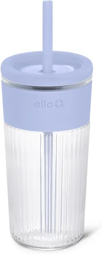 Ello Ava - Vaso de vidrio de 18 onzas con popote y tapa, vidrio acanalado de alta calidad con agarre de silicona, apto para tazas de automóvil, apto