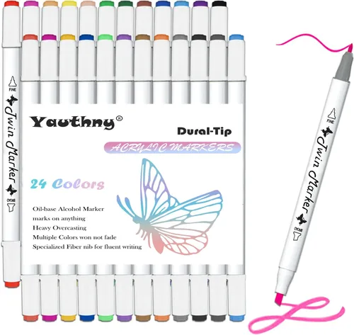Marcador a base de alcohol con estuche, 24 colores de doble punta de pincel marcadores de arte permanente para pintura de libros, tarjetas,