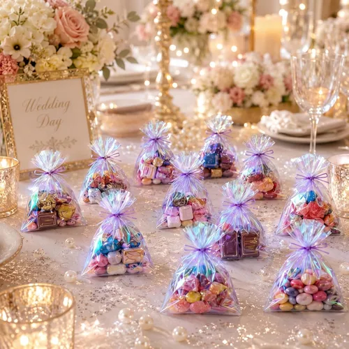 Miniatura 5 de Shappy 120 bolsas de celofán iridiscentes, pequeñas bolsas holográficas con lazos giratorios, envoltura de regalo iridiscente para boda, cumpleaños
