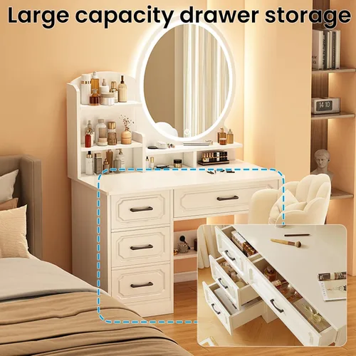 Miniatura 4 de Escritorio de maquillaje con espejo y luces, moderno escritorio de maquillaje para dormitorio, con mucho almacenamiento, 3 modos de iluminación