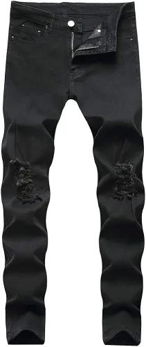 Miniatura 3 de LONGBIDA Pantalones de mezclilla ajustados rasgados para hombre, elásticos, ajustados, con agujeros en la rodilla, pierna cónica