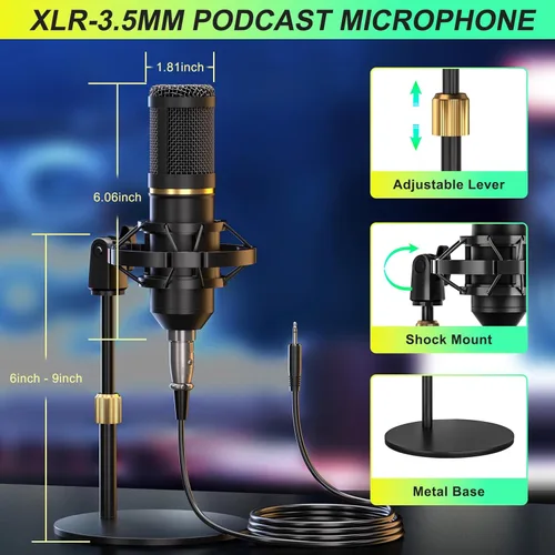 Miniatura 2 de Paquete de micrófono de podcast con tarjeta de sonido en vivo y mezclador de audio, equipo de podcast paquete de tarjeta de sonido con panel