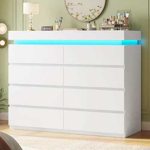 Miniatura 12 de HAUOMS Cómoda alta de 5 cajones con luz LED, cómoda moderna negra para dormitorio, cómodas de armario con cajones para sala de estar, entrada