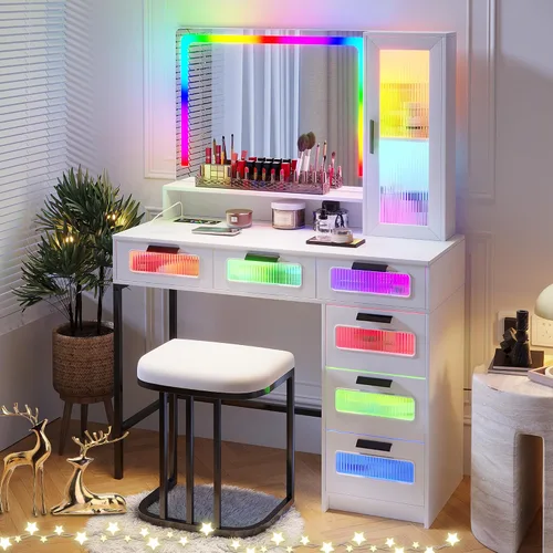 Miniatura 9 de HNEBC - Mesa de tocador RGB con espejo y luces, mesa de maquillaje con espejo LED y estación de carga USB/inalámbrica, juegos de mesa de tocador